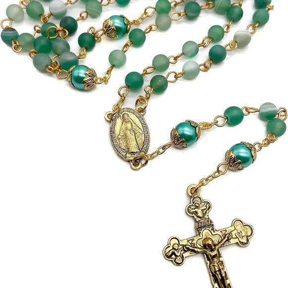 Catholic Rosary Necklace Matte Stone Beads Green Pearl Miraculous Medal Cross - Picture 3 of 8